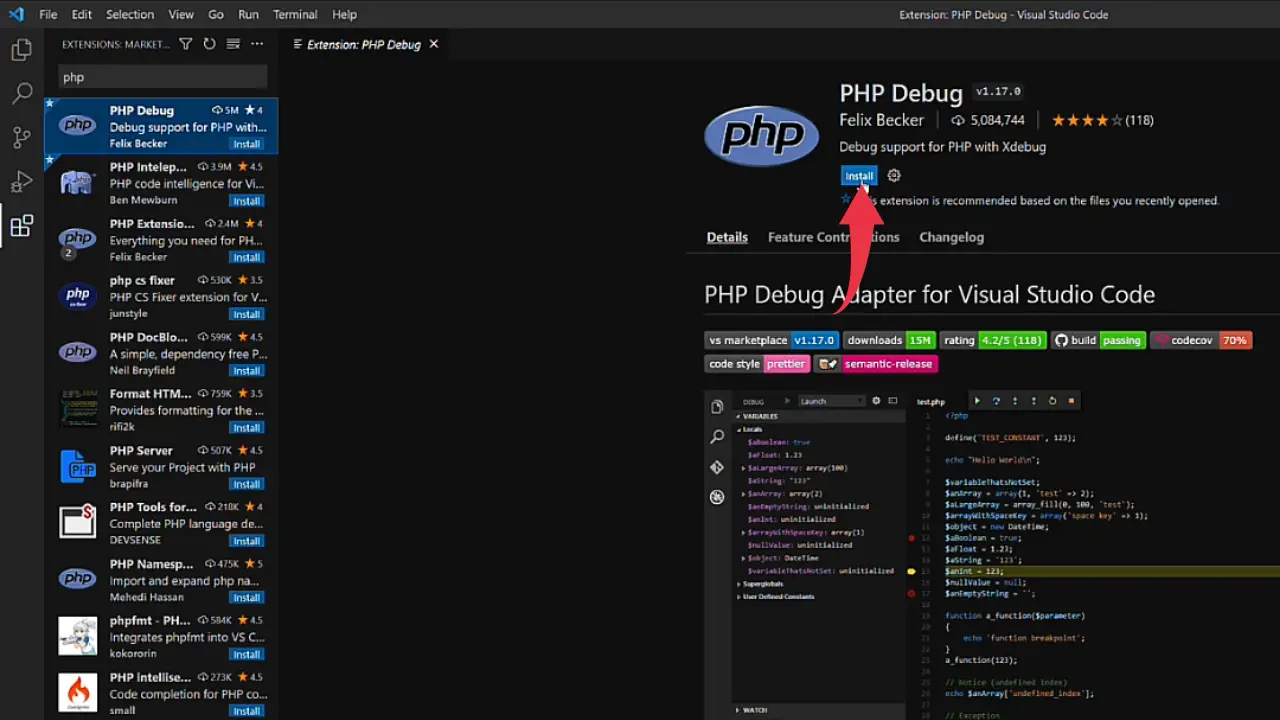 extension to run php in visual studio code